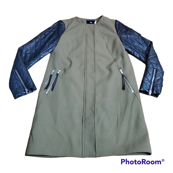 H&M Faux Leather Sleeve Trench Coat Jacket - Picture 2 of 6